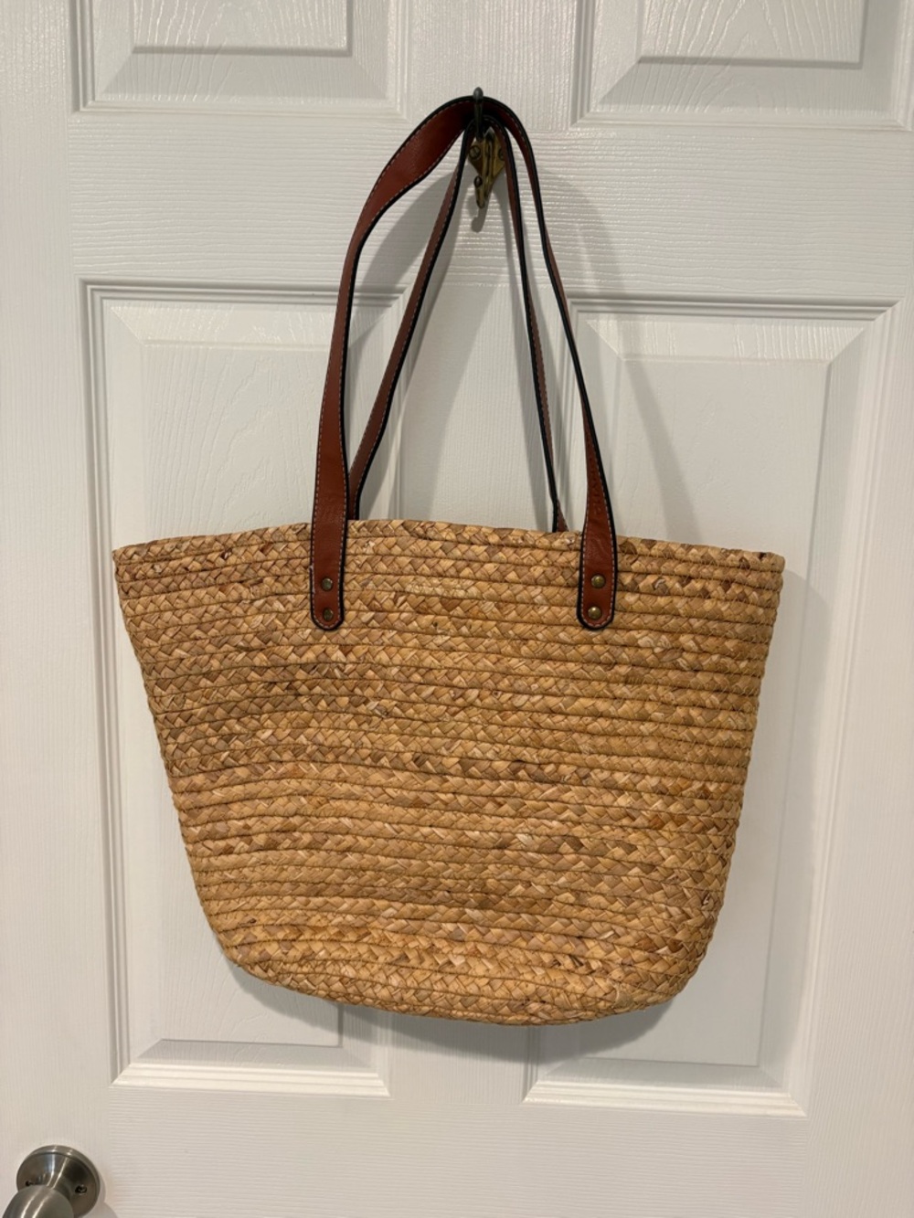Natural Woven Straw Tote with Brown Leather Handles